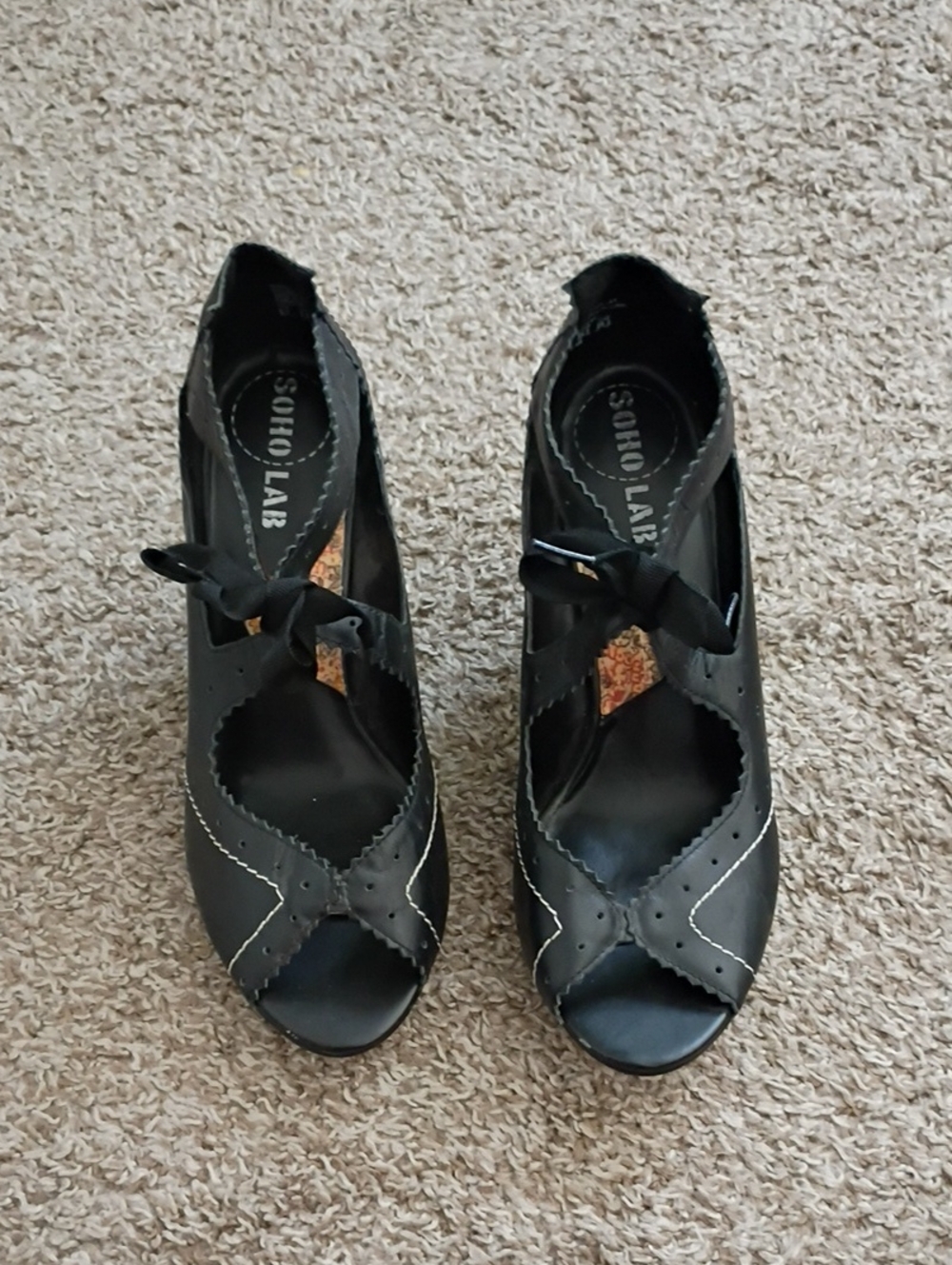 Black Peep-Toe T-Strap Heels with Bow